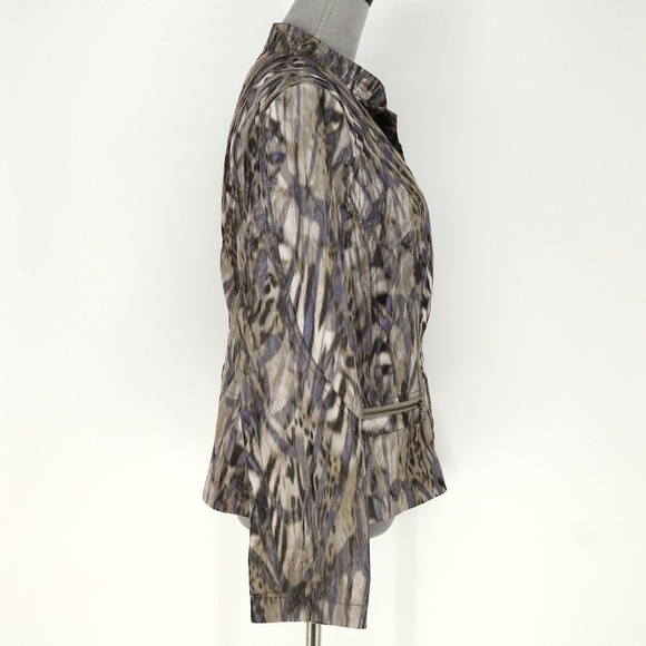 Chicos Jacket 1 Womens Medium 8 Blue Beige Nylon Blazer Ruffle Neck Career - Picture 14 of 15